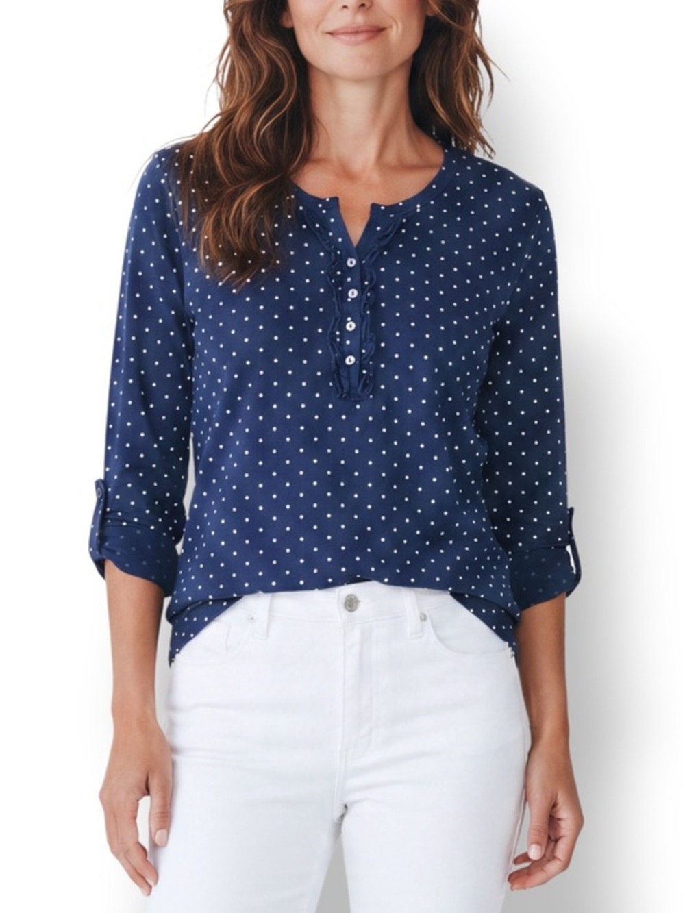 4/$20 Basic Editions XL Navy Blue Polka Dot Cotton Henley Long Sleeve Top